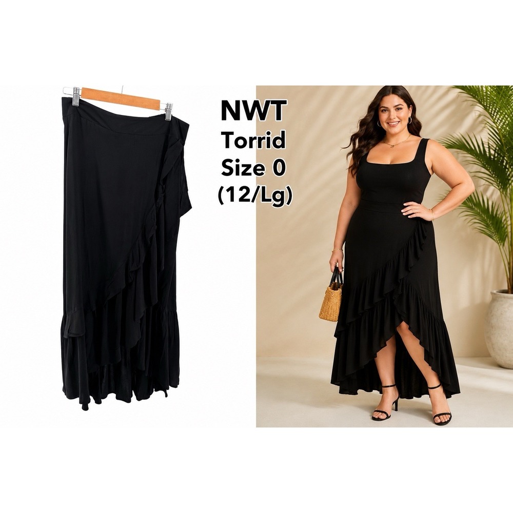 NWT Torrid Size 0 Black Ruffle Wrap Maxi Skirt Asymmetrical High Low Whimsygoth